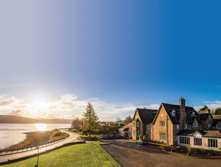 Panoramic view of Loch Fyne Hotel & Spa by the water in Inveraray, Argyll, Scotland, a luxury inveraray hotel and spa near Loch Lomond. ?? ''