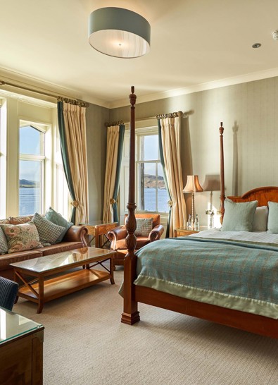 Bay View Junior Suite accommodation at Oban Bay Hotel with sea views and elegant interior design. ?? ''
